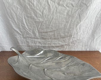 Vintage Silver Metal Leaf Tray | Large Botanical Serving Platter