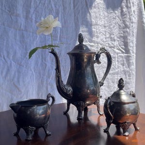 May include: Antique silver-toned tea set with ornate detailing, including a teapot, creamer, and sugar bowl, displayed on a dark wooden surface. A white rose is placed in the teapot's spout, adding a touch of elegance.