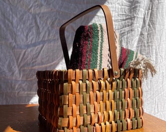 Vintage Woven Wood Basket with Handle | Multicolor Wooden Slat Basket