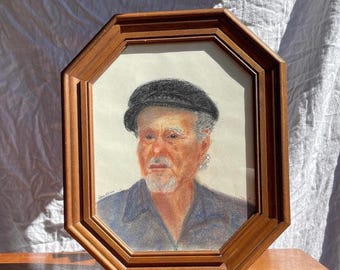 Vintage 1980s Original Pastel Portrait of Bearded Man