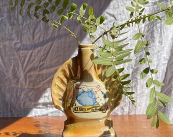 Vintage Ceramic Seashell Bottle: Jim Beam Bourbon Decanter, Iridescent Peach Gold Green Glaze