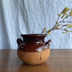 May include: A small, round, two-handled ceramic pot featuring a glossy, dark brown glazed upper section and a matte, natural terracotta-colored base. A single, slender, dried yellow-green flowering branch is placed inside the vessel.