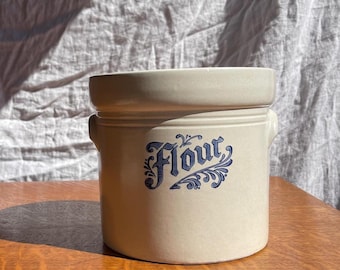 Vintage Stoneware Flour Canister | Blue and White Ceramic Kitchen Crock