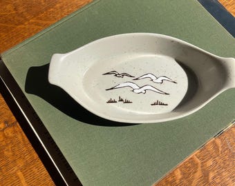 Vintage Seagull Ceramic Serving Dish | Speckled Stoneware Coastal Bowl