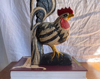 Vintage Hand Painted Wooden Rooster Sculpture | Folk Art