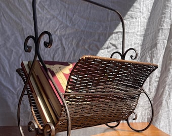 Vintage Wicker Magazine Rack with Wrought Iron Scroll Frame