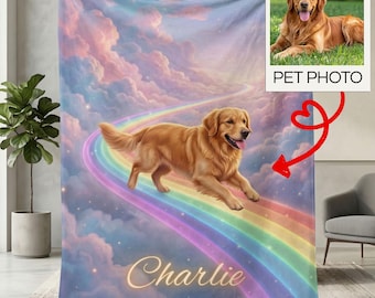 Rainbow Bridge Pet Memorial Blanket, Personalized Dog Loss Gift with Custom Photo, Picture Blanket Throw, Pet Sympathy Keepsake Tribute