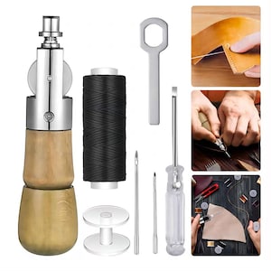 Leather Craft Sewing Tool Set, Wooden Handle Awl, Waxed Thread, Hand Needles
