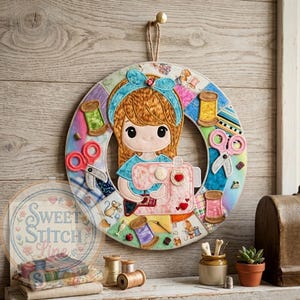 Op de afbeelding: Een ronde stoffen wandhanger met een cartoonmeisje dat aan het naaien is. Het ontwerp bevat klosjes garen, scharen en een naaimachine op een patchwork achtergrond. De hanger heeft een diameter van ongeveer 25 cm.