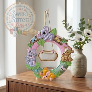 ITH Woodland Baby Animals Wreath Embroidery Design, Nursery Door Hanger, Fox Deer Raccoon Koala, Hoop 5x7 5x8 6x10 7x12 8x14