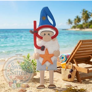 May include: A decorative beach gnome figure. The gnome is wearing a blue hat with a sun design, a red snorkel mask, and holding an orange starfish. It is dressed in checked shorts and stands on a sandy beach with a deckchair and the sea in the background.