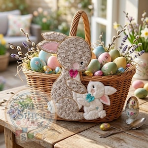May include: A woven wicker basket filled with decorated Easter eggs and pussy willow branches. A plush bunny decoration is attached to the front of the basket, with a smaller bunny attached to the larger one. A decorative egg cup and spoon are on the wooden table.