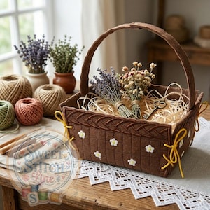 Pode incluir: Uma cesta de feltro marrom com uma alça, cheia de flores secas e palha. A cesta é decorada com aplicações de flores brancas e laços amarelos. Bobinas de linha e novelos de lã estão no fundo.