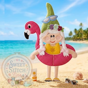 May include: A whimsical gnome wearing a green hat and sunglasses, floating in a pink flamingo pool float. The gnome has white braids, a yellow swimsuit, and is standing on a sandy beach with sunglasses and a seashell.