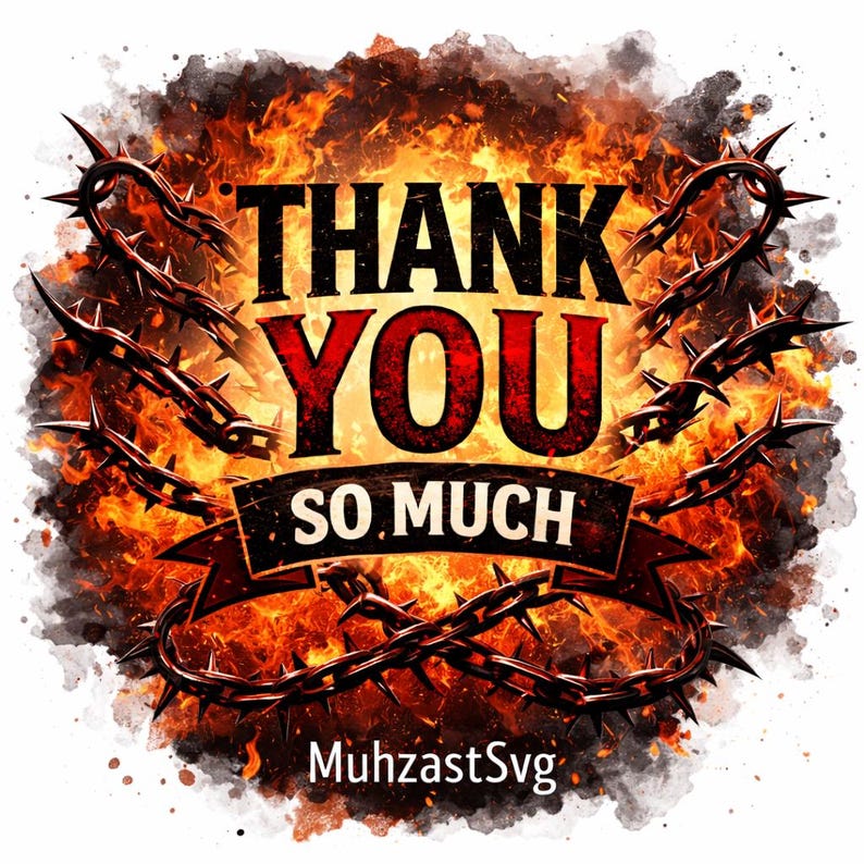 May include: A digital graphic design featuring the text THANK YOU SO MUCH in bold black letters over a vibrant orange and yellow fire background. The design is framed by dark, thorny barbed wire and includes the white text MuhzastSvg at the bottom.
