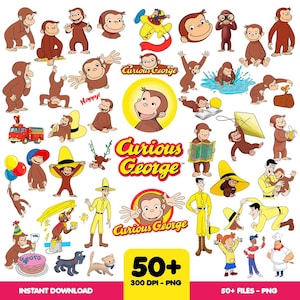 May include: A collection of Curious George illustrations in various poses and scenes. The images include Curious George with a yellow hat, on a plane, and with a cake. The text "Curious George" and "50+" are also present.