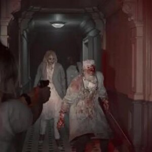 May include: A first-person perspective of a character holding a black handgun, aiming at two pale, blood-stained figures in a dimly lit, red-tinted hallway. The figures wear tattered, light-colored clothing. A small gun icon and the text 7/9 appear.