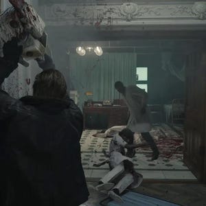 May include: A figure in a black leather jacket holds a chainsaw above their head in a dimly lit room. In the background, another figure in a white coat stands over a person lying on a floor covered in bloodstains, within a room featuring a desk.