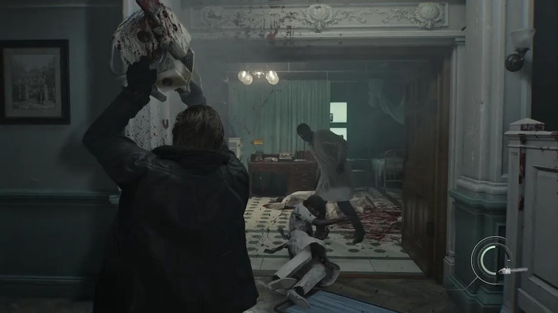 May include: A figure in a black leather jacket holds a chainsaw above their head in a dimly lit room. In the background, another figure in a white coat stands over a person lying on a floor covered in bloodstains, within a room featuring a desk.
