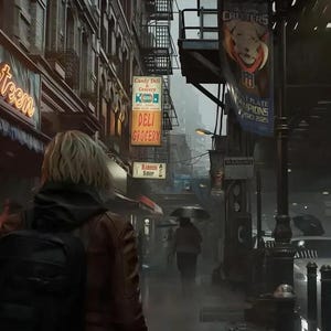May include: A person with short blonde hair wearing a brown jacket and a black backpack walks down a rainy city street. Neon signs for 'Fourteen' and 'Deli Grocery' illuminate the wet sidewalk, while cars and pedestrians move through the misty urban scene.