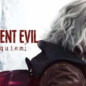 May include: A digital poster featuring a person with short, wavy, light-colored hair wearing a dark brown leather jacket and a black hooded garment. The text RESIDENT EVIL requiem is displayed in red and white lettering against a dark background.
