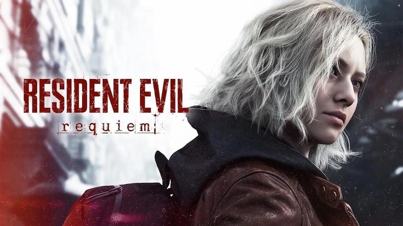 May include: A digital poster featuring a person with short, wavy, light-colored hair wearing a dark brown leather jacket and a black hooded garment. The text RESIDENT EVIL requiem is displayed in red and white lettering against a dark background.