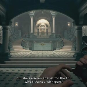 May include: A first-person perspective of a black semi-automatic handgun held in hands, set against a grand interior hall with a symmetrical staircase, marble flooring, and columns. Subtitles read: but she's also an analyst for the FBI who's trained with guns,
