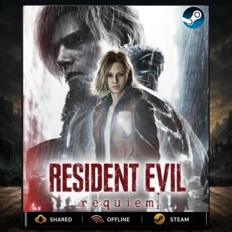 May include: A digital game cover for Resident Evil Requiem featuring a central female character with blonde hair in a brown jacket, overlaid on a large, faded, monochrome portrait of a man. The title text is in red, with Steam icons visible.