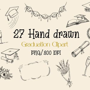 Hand Drawn Graduation Clipart Bundle, Doodle Caps, Diplomas, Flowers (PNG)