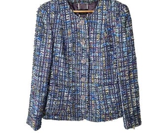 Bremer Combi Life Blue Tweed Jacket Metallic Eyelash Fringe Button Front Blazer