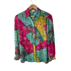 Vintage Koret Petites Patchwork Floral Blouse Boho Paisley Button Front MP