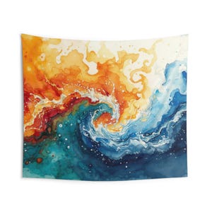 May include: A rectangular wall tapestry with an abstract watercolour design. The artwork shows a dynamic interplay of colours, with fiery oranges and reds blending into deep blues and teals, evoking a sense of waves and energy.