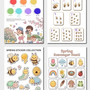Könnte beinhalten: Vier Lernvorlagen für Kinder. Eine ist eine Farblauf-Schnitzeljagd mit einem Farbkreis und Illustrationen. Eine weitere ist ein Zählspiel mit Bienen. Eine dritte ist eine Frühlingsaufkleber-Sammlung. Die letzte ist eine Frühlings-Schnitzeljagd mit Frühlings-Illustrationen.