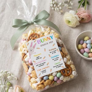 Könnte beinhalten: Ein klarer Zellophanbeutel, gebunden mit einem salbeigrünen Band, gefüllt mit einem Bunny Snack Mix. Der Mix enthält Popcorn, Brezeln, Marshmallows, Cracker und Süßigkeiten. Ein Etikett mit einer Hasengrafik und Text ist angebracht.