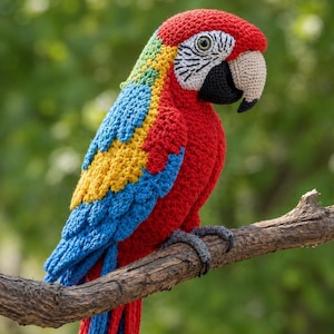 May include: A vibrant, handmade crochet parrot in red, blue, yellow, and green perched on a brown branch. The bird features detailed stitching, a white and black face, and a beige beak. The background is a soft, blurred green.