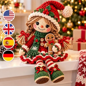 Schema per bambola natalizia all'uncinetto, bambola amigurumi in PDF, schema per bambola di Babbo Natale, bambola di pan di zenzero, decorazione natalizia all'uncinetto, tutorial per bambola festiva in PDF