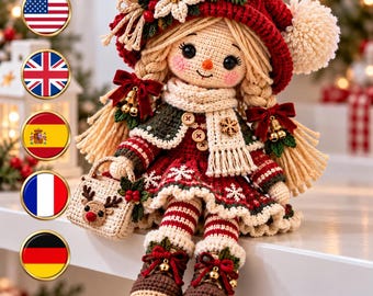 Christmas Crochet Doll Pattern PDF, Amigurumi Girl Doll Pattern, Holiday Winter Doll, Christmas Decor, Handmade Crochet Gift Pattern