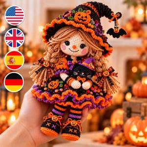 Wzór na szydełkową lalkę wiedźmy w formacie PDF, amigurumi na Halloween, dziewczyna z czarnym kotem, kostium dyni, samouczek szydełkowania na upiorny sezon w formacie PDF do pobrania