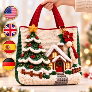May include: A crochet tote bag featuring a winter scene with a decorated Christmas tree, a small house with illuminated windows, and a red door. The bag has red handles and a decorative poinsettia tassel with red, green, and white yarn accents.
