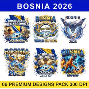 Puede incluir: Una colección de seis diseños gráficos digitales con el texto BOSNIA 2026, BOSNIA AND HERZEGOVINA y WORLD CUP 2026. Las ilustraciones incluyen balones de fútbol, la bandera de Bosnia, águilas, un tigre y monumentos arquitectónicos en azul y oro.