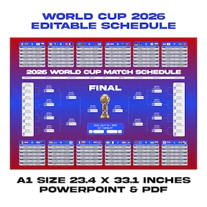 May include: A blue and red World Cup 2026 schedule with the text "WORLD CUP 2026 EDITABLE SCHEDULE". The schedule includes match details, a gold trophy, and the text "FINAL". The size is 59.4 x 84.1 cm.