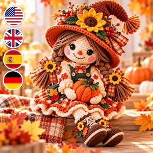 Patrón de muñeca de ganchillo para Acción de Gracias, Niña amigurumi de otoño con calabaza, Muñeca girasol de otoño en PDF, Patrón de ganchillo DIY para decoración de cosecha (descargable)
