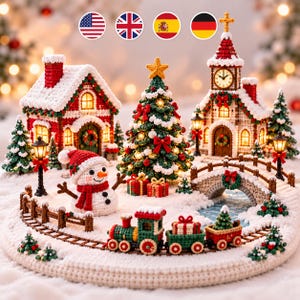 Peut inclure: Un village de Noël en crochet comprenant une maison rouge, une église avec un clocher, un sapin décoré, un bonhomme de neige, un train sur des rails, un pont en pierre et des petits sapins, le tout sur une base enneigée blanche.