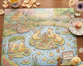 Cozy Duck Pond Tea Party Puzzle, Cute Cottagecore Animal Scene, Kawaii Garden Jigsaw, Relaxing Aesthetic Gift, Spring Duck Puzzle Art