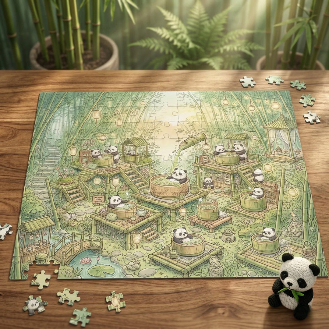 Spa Puzzled Cozy Panda Bamboo Spa Puzzle, Cute Animal Hot Spring Scene, Relaxing ...