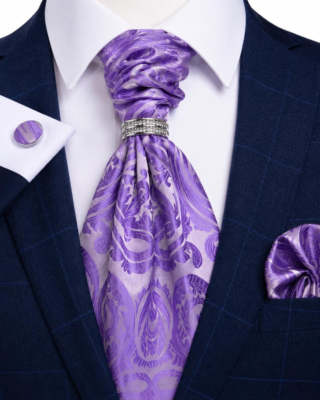 Purple Paisley Ascot Set for Men 4 Piece Ascot, Pocket Square, Cufflinks & Ring Formal Event Accessories