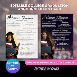 Pode incluir: Cartão de anúncio de formatura universitária editável com Essence Thompson, Turma de 2026. Inclui conquistas, estágios e uma mensagem de agradecimento. Editável com Canva. Duas versões disponíveis.