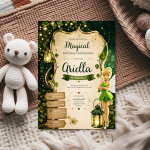 May include: A rectangular birthday invitation card featuring a fairy illustration, a green lantern, and hanging lights. The text reads: You're Invited to a Magical Birthday Celebration Honoring Ariella IS TURNING 5! Includes date, time, location, and RSVP details.
