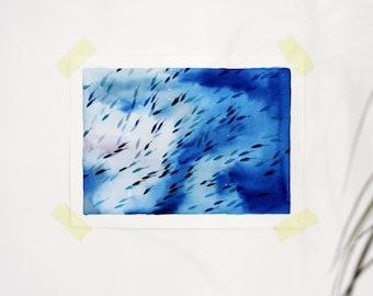 Original watercolor painting | Blue fishes | Dancing fishes | Hand painted | Ocean painting | Nautical art | Trendy illustration