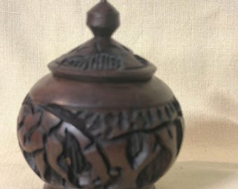 Hand-Carved Wooden Elephant & Giraffe-Covered Trinket Jar